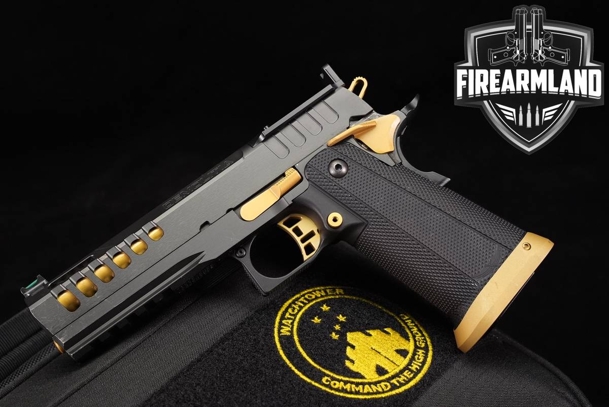 DESIRED Watchtower Defense Demolitia 9mm 1911 2011 GOLD BARREL +ORIG CASE