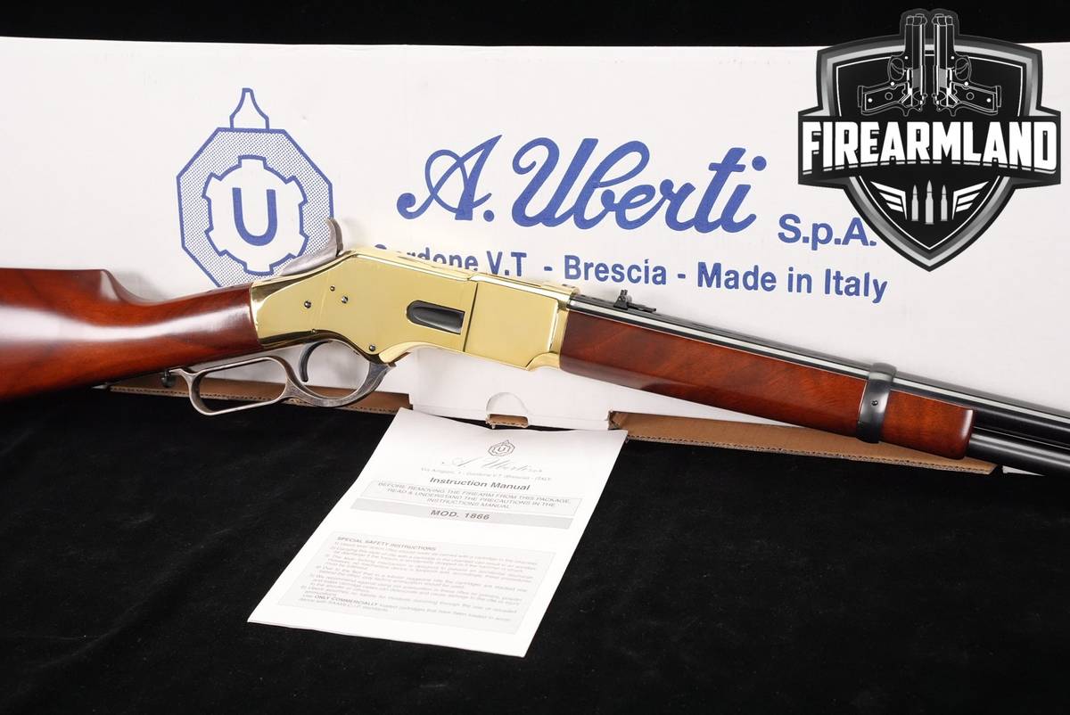 A Uberti Model 1866 Carbine 45 Colt 19" Polished Brass & Walnut +ORIG BOX