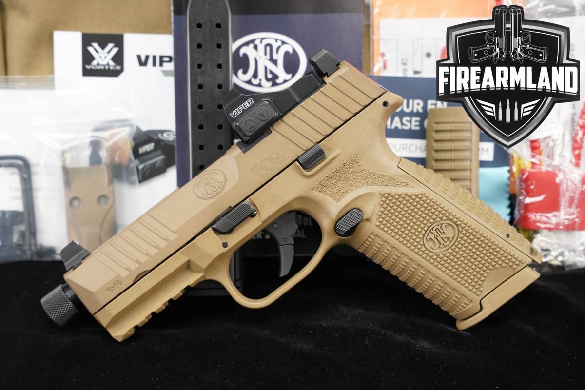 FN 509 Tactical NMS 9mm 4.5 FDE THREADED +2 MAGS, ORIG BOX, VORTEX RED DOT
