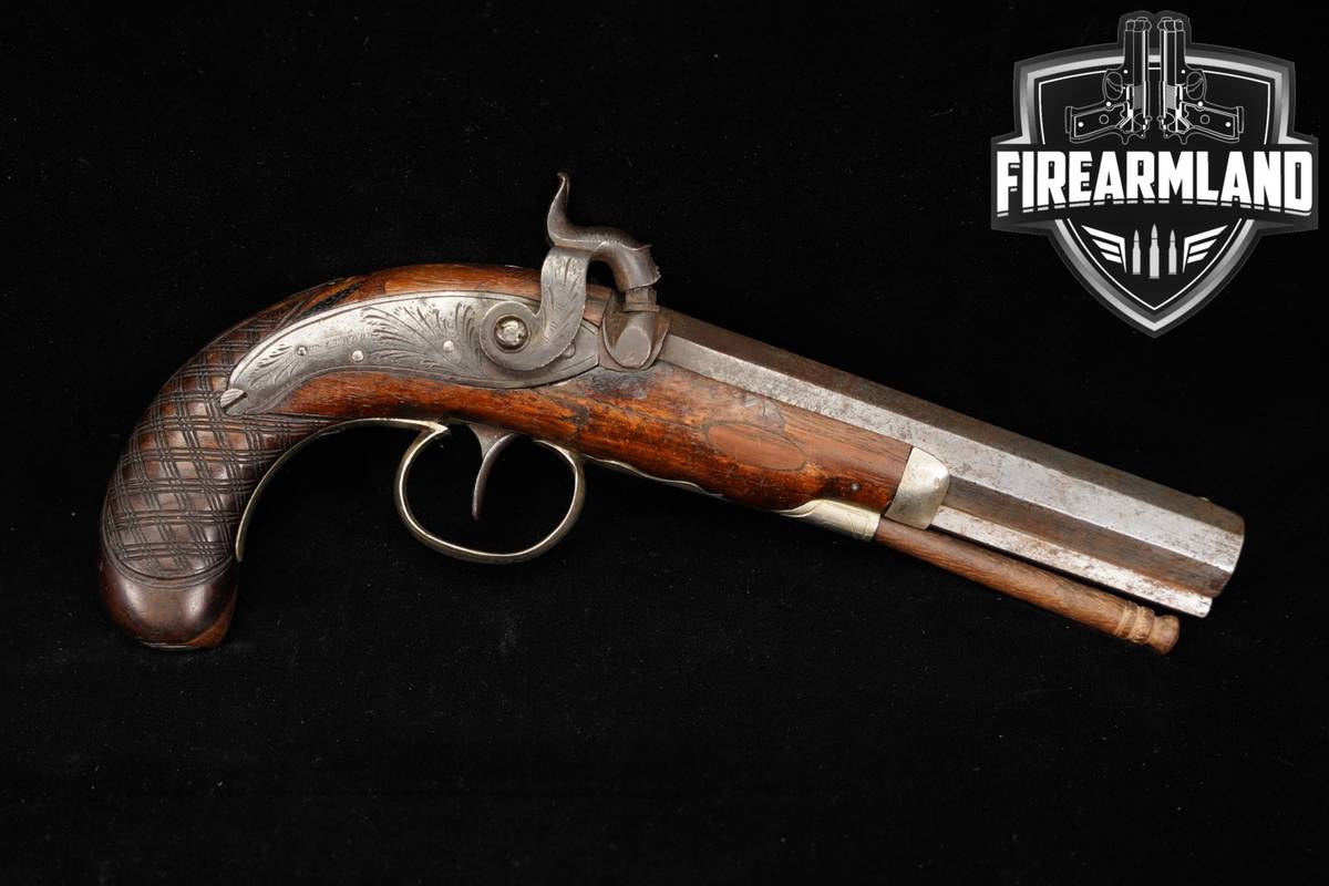 T Atwood London 48 Caliber 6" Walnut Octagon Barrel, Foliate Engraved